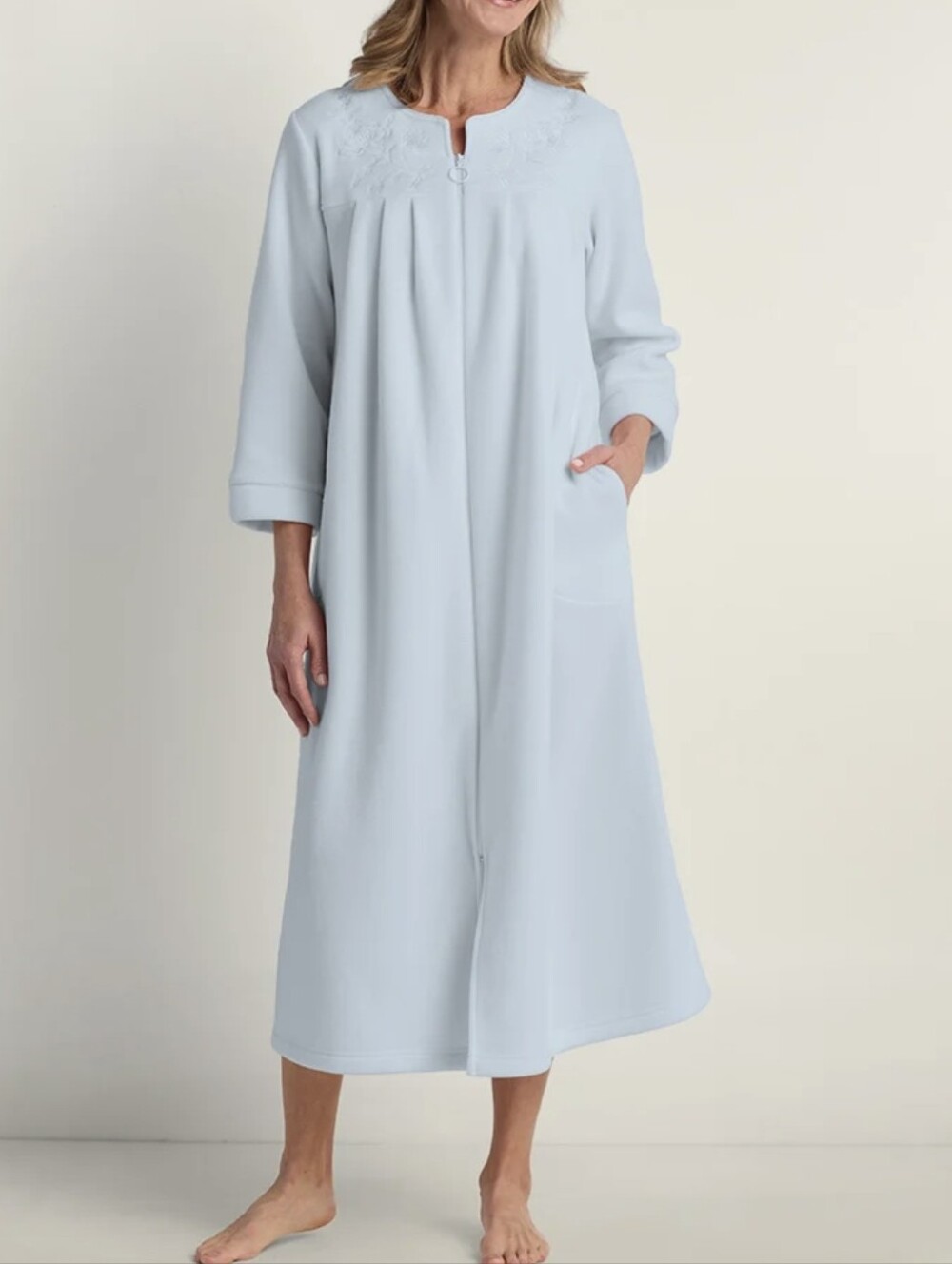 Miss Elaine Embroidered Waffle Knit Long Zip Robe Pajama Dress Light Blue SZ: M